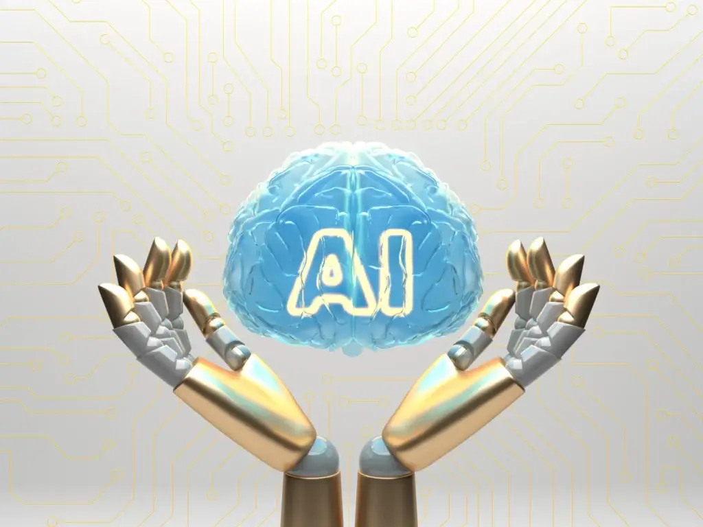 Ilustrasi kecerdasan buatan (AI): Sebuah otak digital berwarna biru dengan tulisan "AI" ditopang oleh dua tangan robotik berwarna emas dan perak, dengan latar belakang sirkuit elektronik.