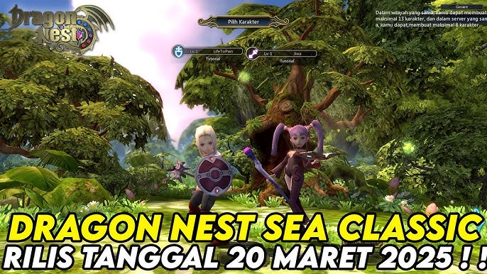 Tampilan pemilihan karakter Dragon Nest SEA Classic dengan latar hutan, pengumuman rilis tanggal 20 Maret 2025