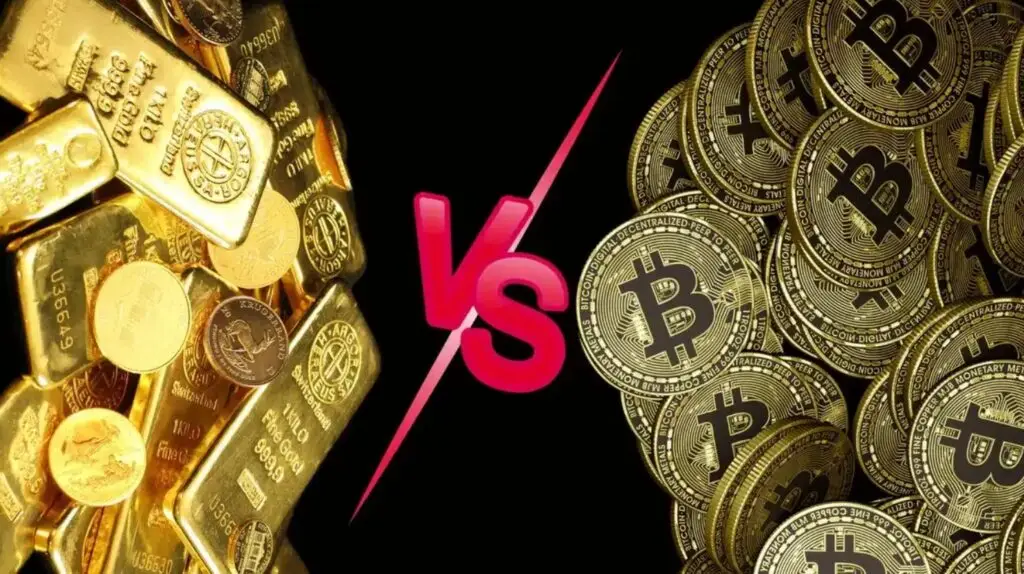 Gambar perbandingan antara investasi emas dan cryptocurrency Bitcoin dengan latar belakang hitam dan simbol Bitcoin serta emas.