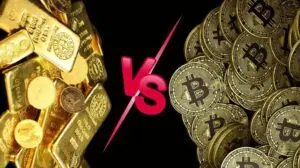 Gambar perbandingan antara investasi emas dan cryptocurrency Bitcoin dengan latar belakang hitam dan simbol Bitcoin serta emas.