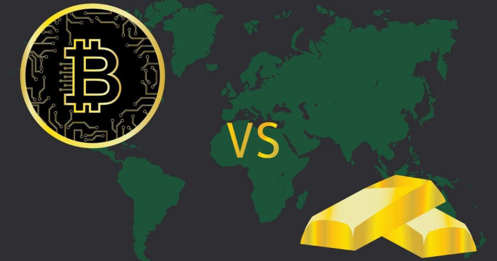 Perbandingan investasi saham, cryptocurrency, dan emas dengan latar belakang peta dunia dan simbol Bitcoin serta emas.
