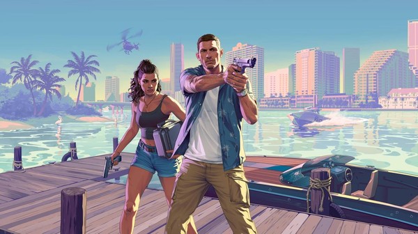 Dua karakter utama GTA 6 bersenjata lengkap berdiri di dermaga dengan latar kota dan laut Vice City