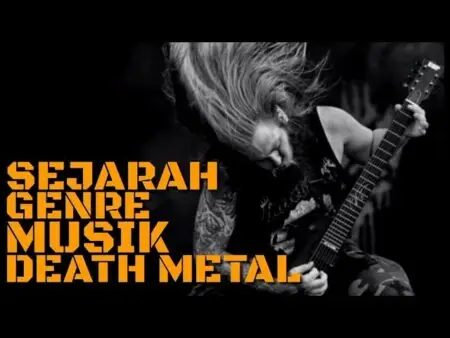 Musisi death metal dengan rambut panjang bermain gitar di panggung konser.